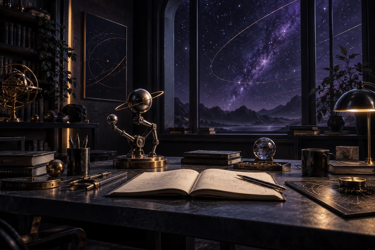 Concept illustration of a quiet observatory workbench, instruments and an open notebook beneath a starry sky.