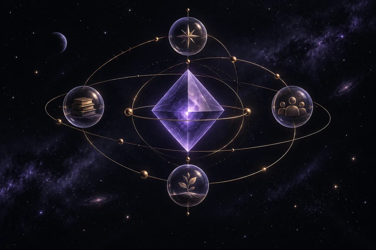 Concept illustration of connected glass spheres around a violet crystal, representing agent systems.