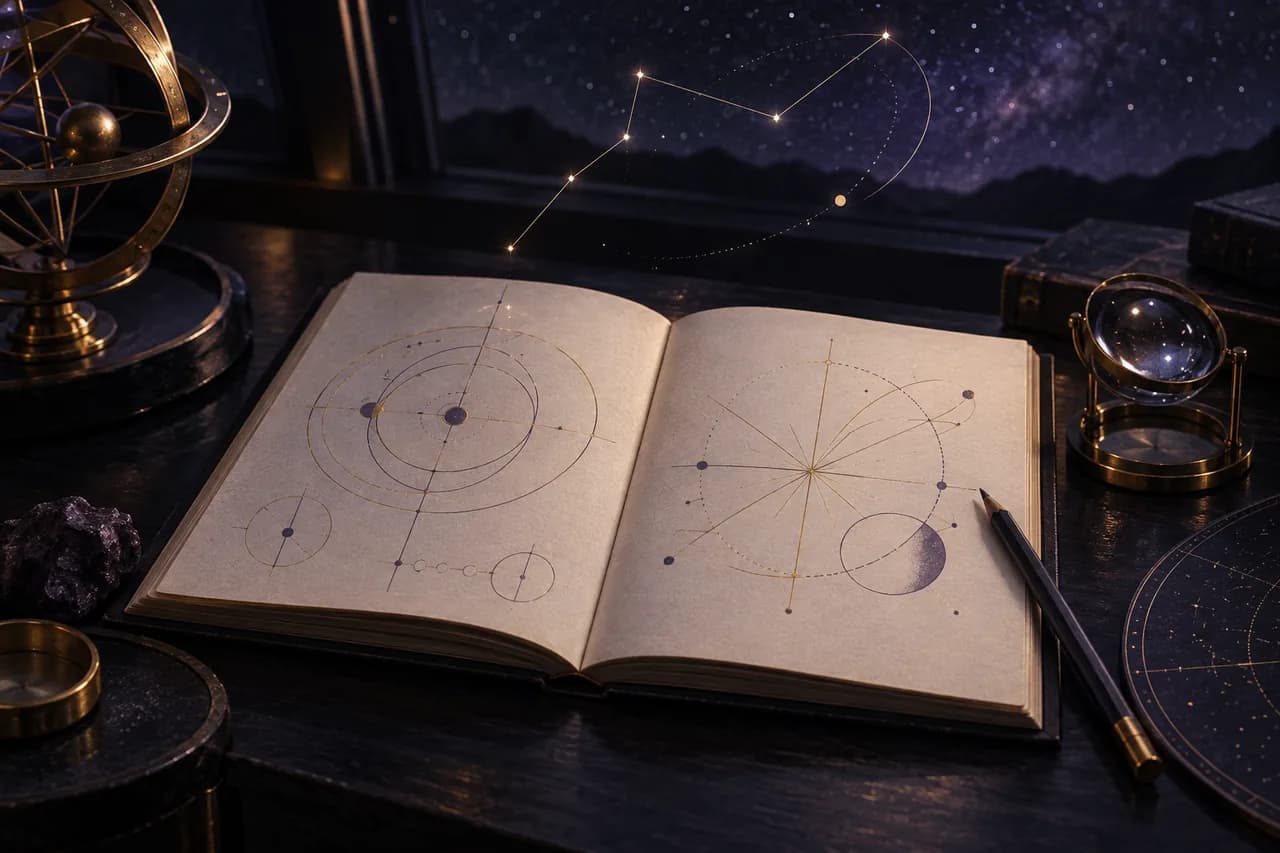 Concept illustration of an open field journal with orbital diagrams and precise drawing instruments.