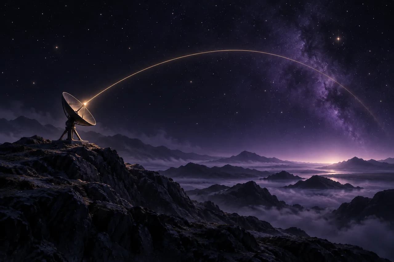 Concept illustration of a small antenna sending a golden signal across a violet night sky.