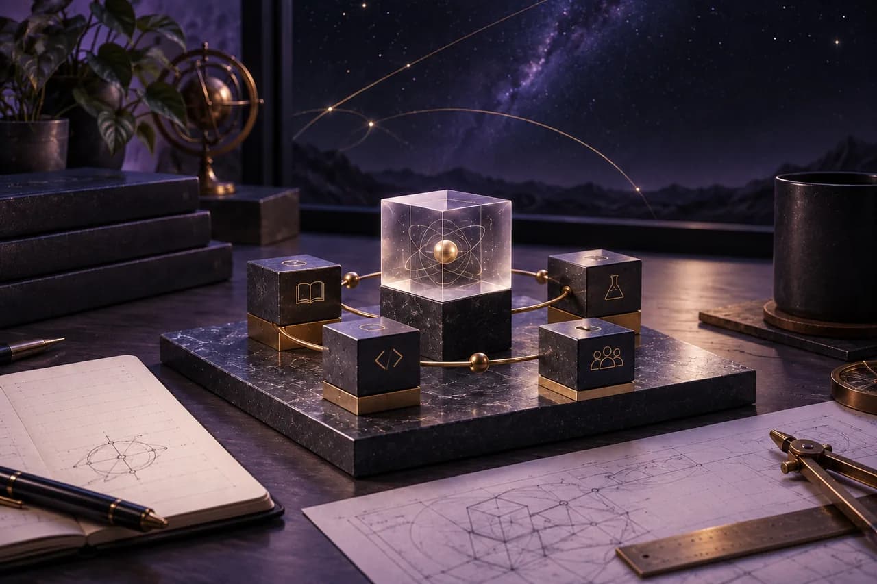 Concept illustration of modular graphite blocks connected by gold lines around a glass cube.