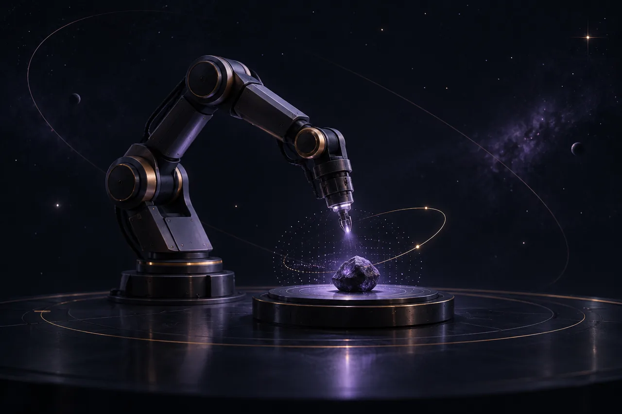 Concept illustration of a robotic arm studying a rock with violet sensing light.